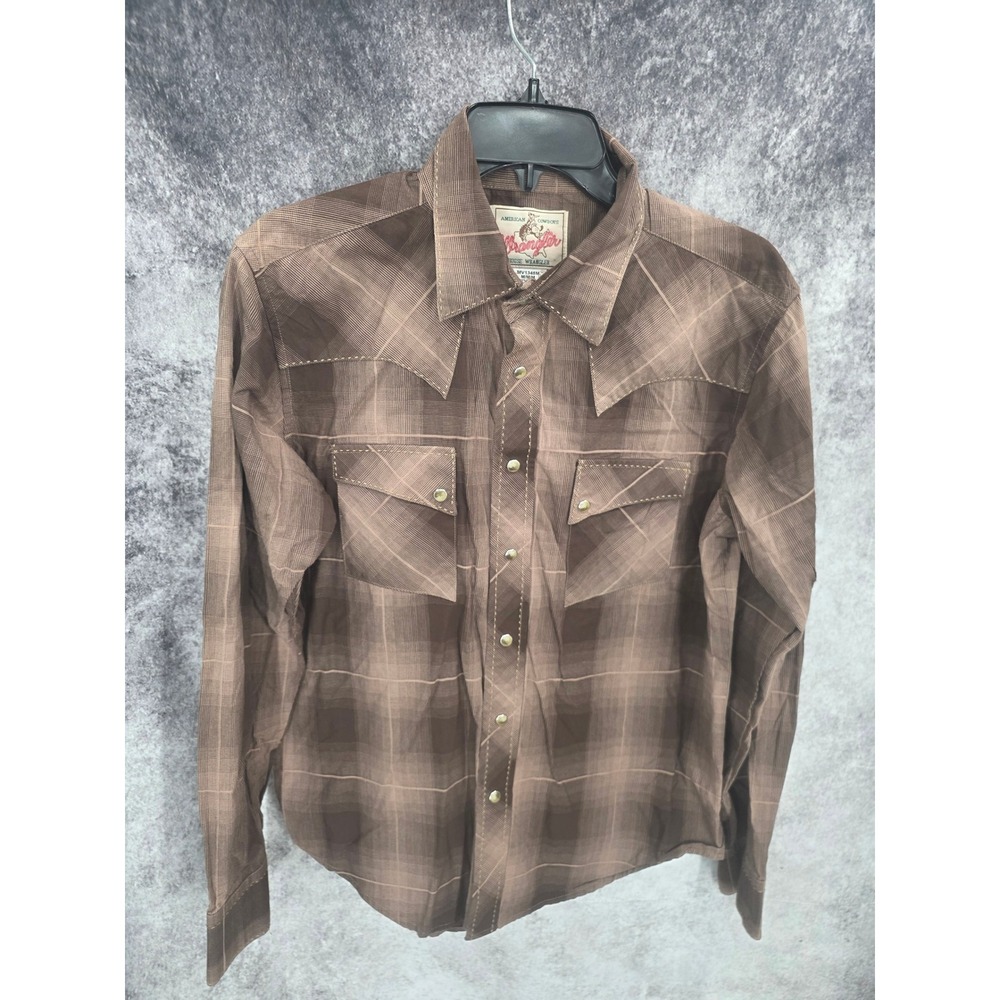 Wrangler Western Shirt Mens Medium Brown Plaid Pearl Snap Cowboy Rodeo Rancher